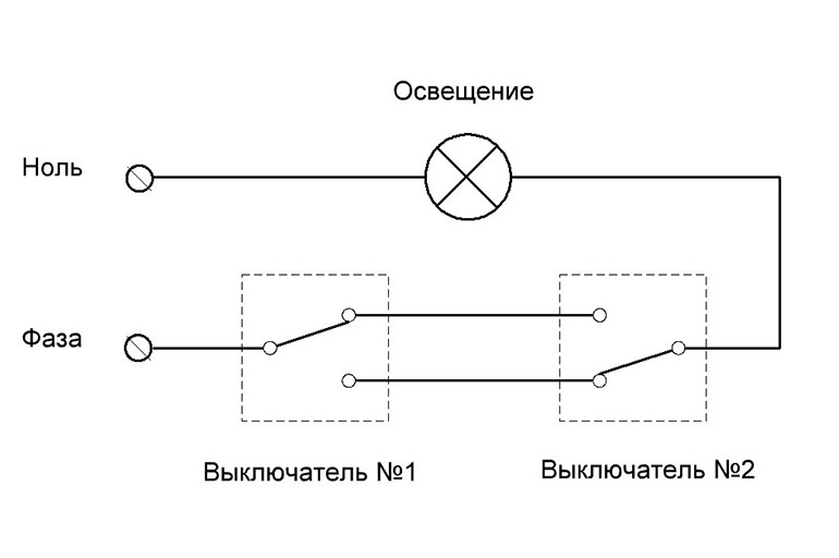Схема с двумя проходными выключателями